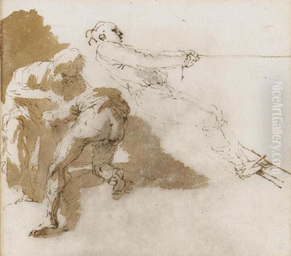 A Sailor Hauling On A Rope, And Two Other Figures, Perhaps A Doctor And Patient P - view 1