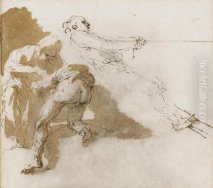 A Sailor Hauling On A Rope, And Two Other Figures, Perhaps A Doctor And Patient P