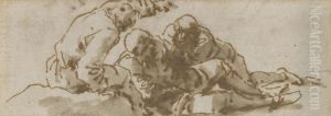 Three Men In A Landscape Pen And Brown Ink, Brown Wash 1Â¾ X 4Â¼ In by Salvator Rosa