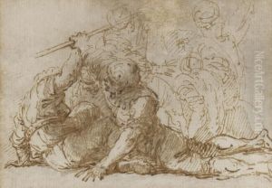 Two Soldiers Struggling Over A 
Spear, Another Man Protecting Himself With A Shield Beyond