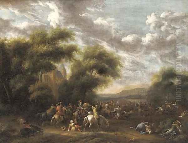 A cavalry skirmish in a wooded landscape - view 1