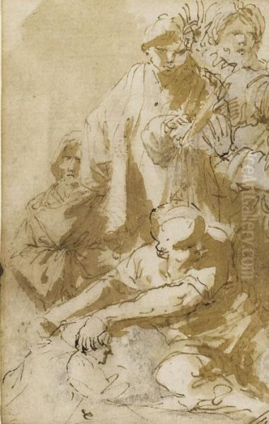 A Group Of Oriental Figures, With A Man Pulling Another Up From Below By The Shoulders - view 1