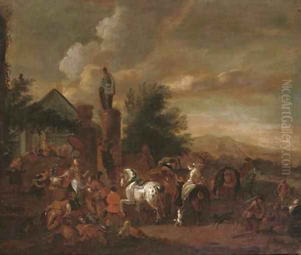 A hawking party at rest by an inn - view 1