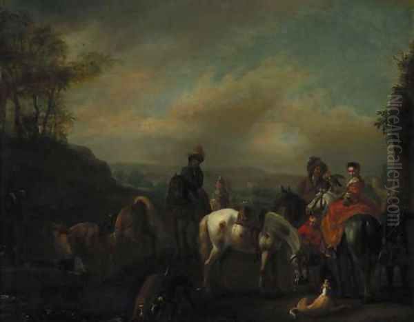A hawking party at rest in a landscape - view 1