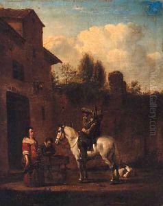 A Horseman taking refreshment in a Courtyard by Philips Wouwerman