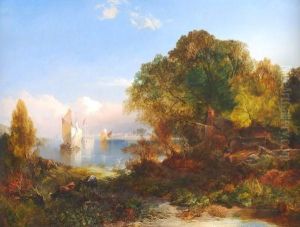 View Through Trees To Ships At Anchor In A Bay by William S. Rose