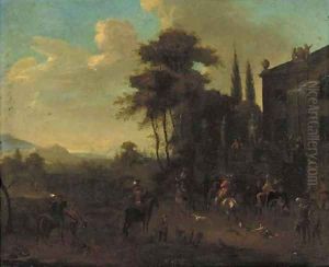 A Hunting Party Gathered By A Villa by Philips Wouwerman
