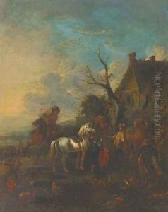 A hunting party halted outside an inn by Philips Wouwerman
