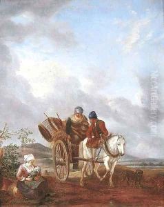 A landscape with travellers in a pony trap, a mother feeding her baby nearby