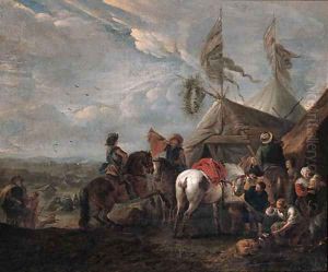 Heralds halting at a blacksmith's near an encampment
