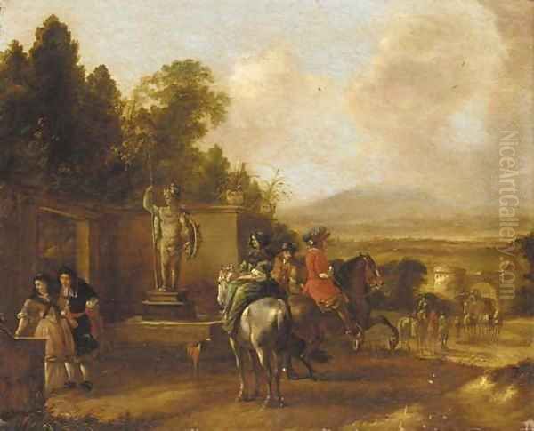 Horsemen and elegant figures before a statue - view 1