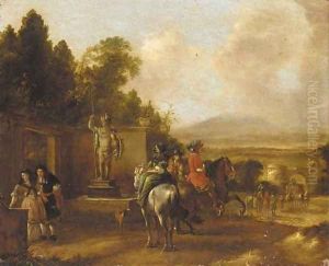 Horsemen and elegant figures before a statue by Philips Wouwerman