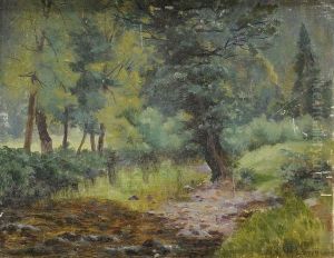 Paysage De Foret Et Ruisseau Panneau by Amedee Rosier