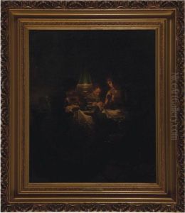 Ladies Doing Needlework By Lamplight by Johannes Rosierse