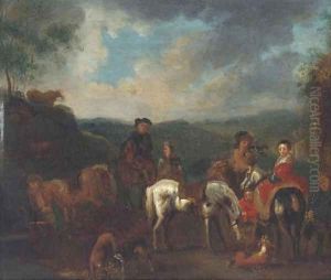 A hawking party halted in a landscape