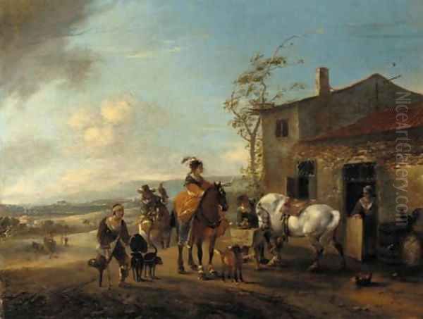 A hawking party halting at a blacksmith's shop - view 1