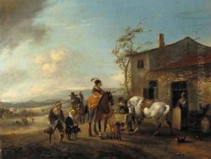 A hawking party halting at a blacksmith's shop