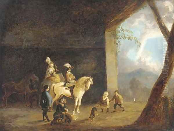 A hawking party setting out from a barn - view 1