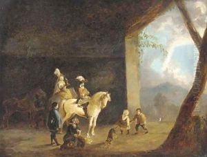 A hawking party setting out from a barn
