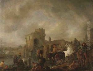 A hawking party with washerwomen and bathers, a ship, a bridge and a town beyond
