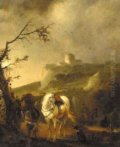 A landscape at dusk with a cavalier beside his mount