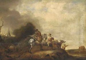A landscape with travellers halted on a track by Philips Wouwerman