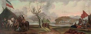 A military encampment stationed by a river, a hilltop fort beyond by Philips Wouwerman