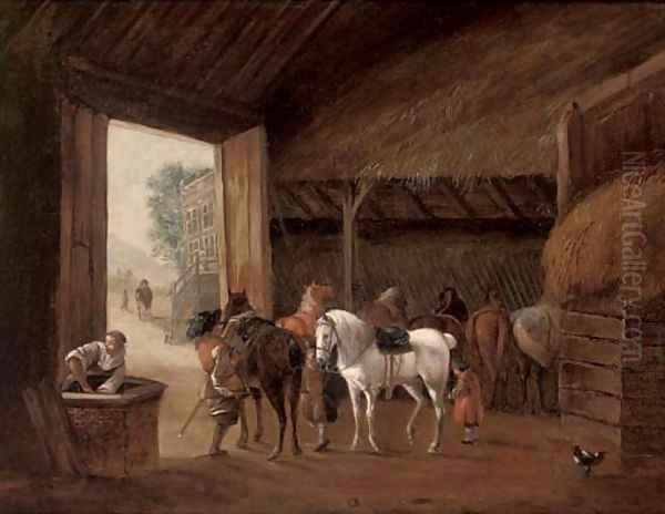 A stable interior with two figures mounting horses - view 1