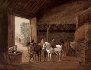 A stable interior with two figures mounting horses by Philips Wouwerman