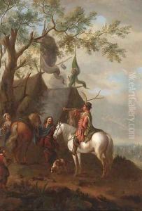 A trumpeter at a cavalry encampment