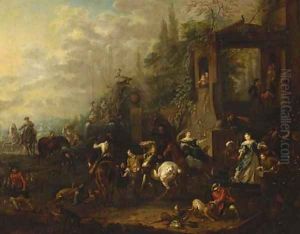 An elegant hawking party before a mansion