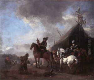 Cavalry officers with their chargers and a mounted trumpeter before a sutler's booth, an encampment beyond by Philips Wouwerman