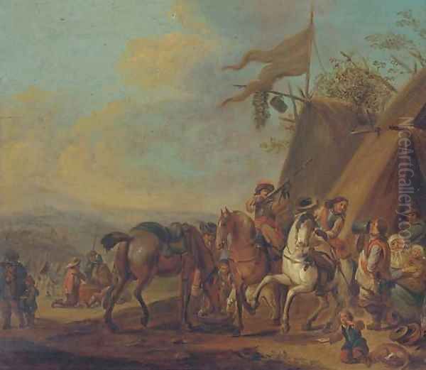 Cavalrymen halting at an encampment - view 1