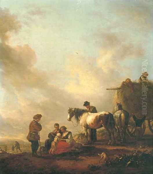Figures resting before a haycart - view 1