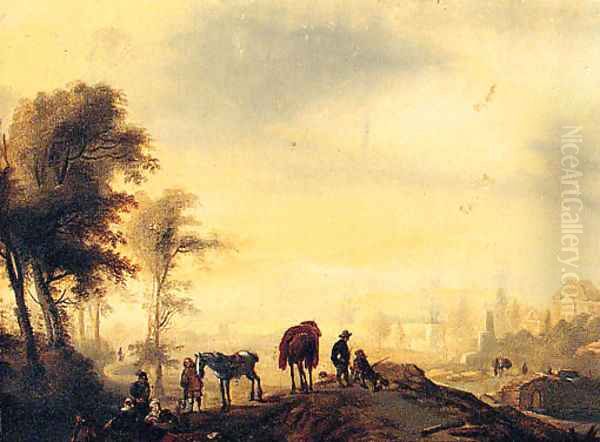 Figures resting on a Track, with a Town beyond - view 1