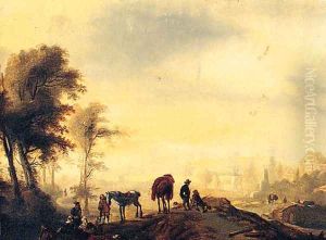 Figures resting on a Track, with a Town beyond