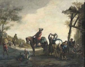 Horsemen outside a blacksmith's with chlidren playing nearby by Philips Wouwerman