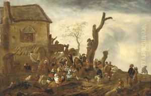 Peasants making merry by a cottage by Philips Wouwerman