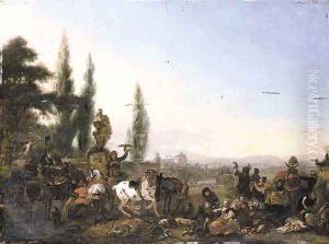 The repose of a hawking party by a walled garden, a landscape beyond