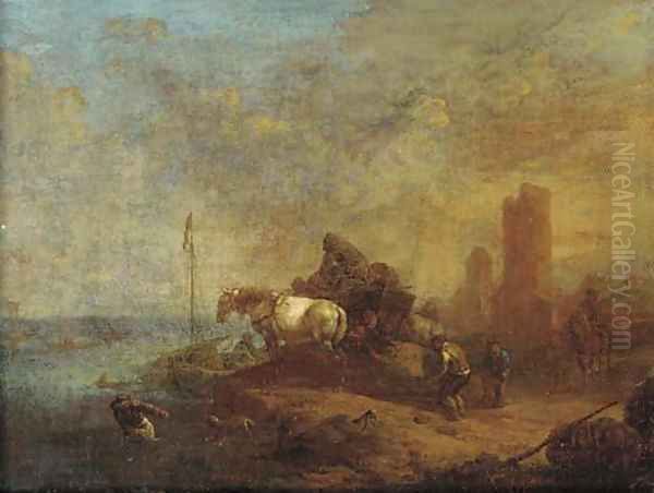 Workers loading a boat near a horse and cart, a town beyond - view 1