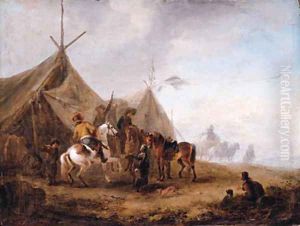 Cavalrymen taking refreshment in a camp
