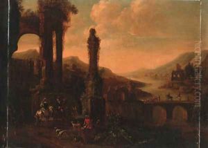 Elegant horsemen watering horses at a fountain before a ruin, a bridge with a drover and cattle beyond by Philips Wouwerman