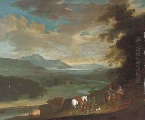Travellers on a country track at dusk by Philips Wouwerman