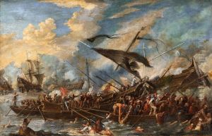 A naval battle by Cornelis de Wael