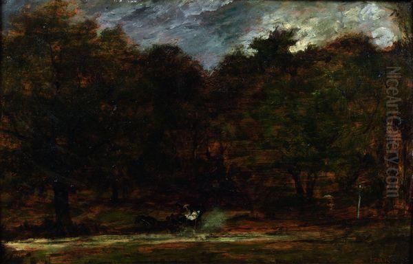 Paysage De Foret Avec Une Caleche Tiree Par Des Chevaux - view 1
