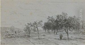 Landscape With A Peasant Working In A Field, A Ridge Of Hills Inthe Distance by Theodore Rousseau