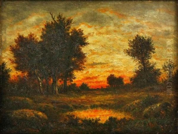 Coucher Du Soleil Dans Le Paysage A Barbizon - view 1