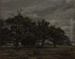 An Artist Sketching With Other Figures In A Wooded Landscape by Theodore Rousseau