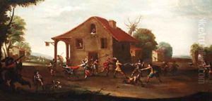 Soldiers fighting outside a tavern