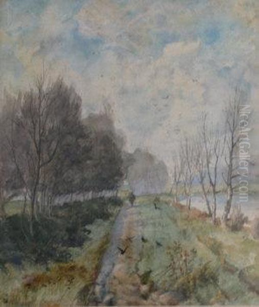 Figure Walking Along A River With Trees - view 1
